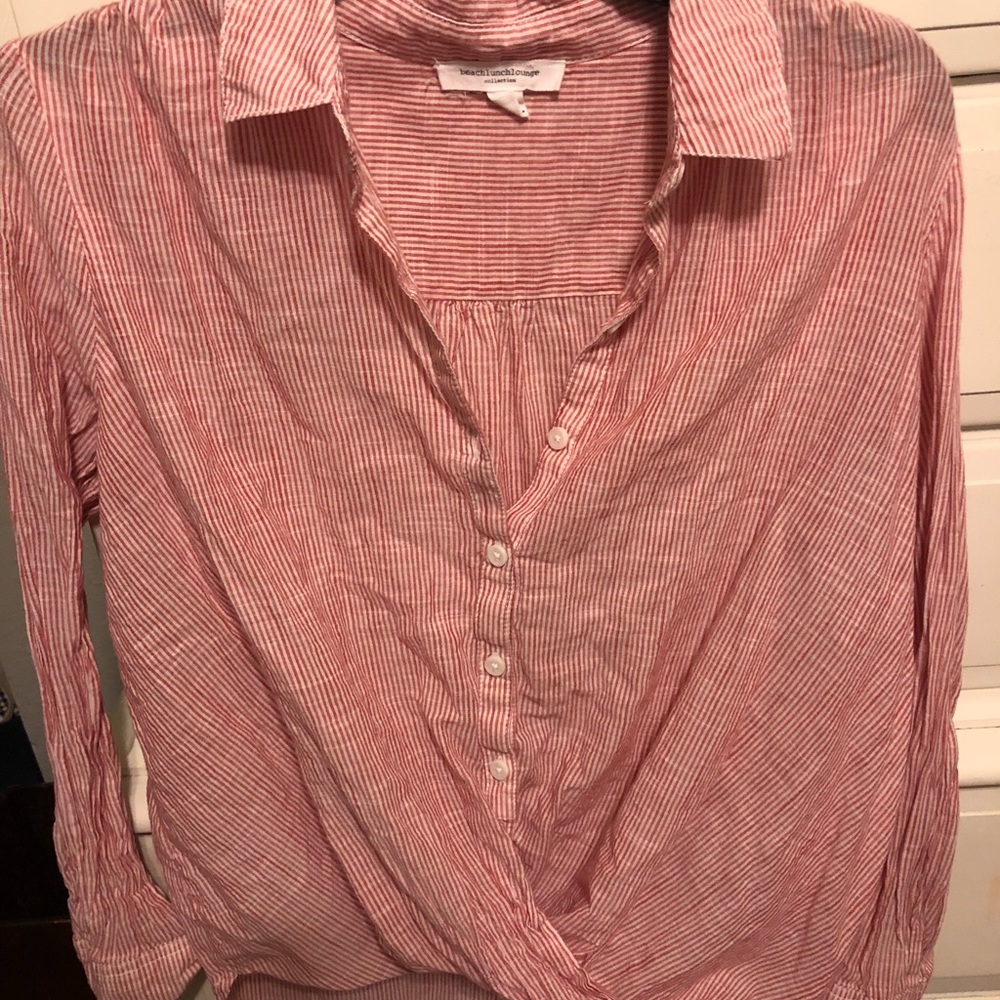 Beach Lunch Lounge Pink Striped Button Down